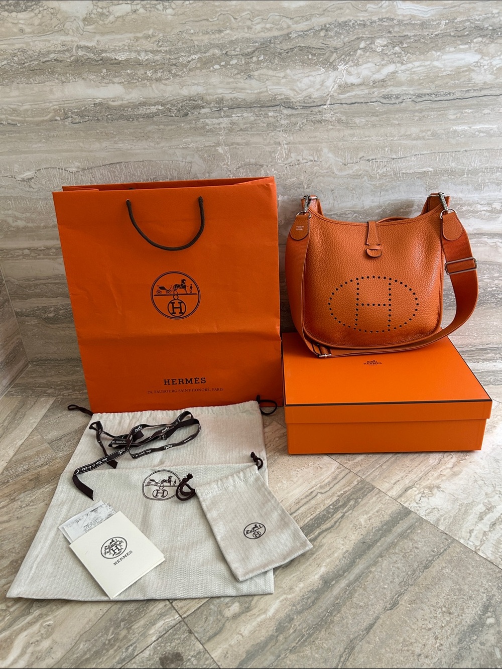 AUTHENTIC Hermes Orange Evelyne PM Clemence Shoulder Bag with box, dust bags